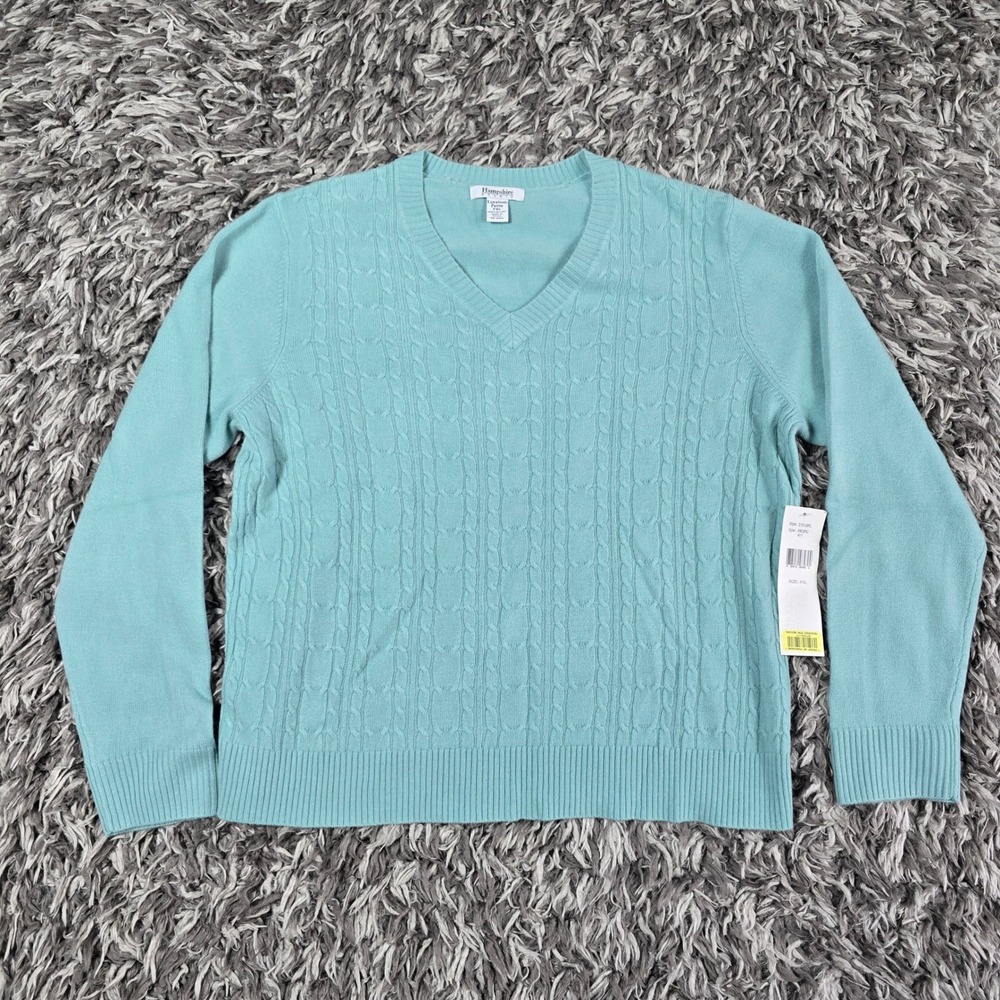 Hampshire Studio Luxelon V-Neck Cable Knit Sweater Pacific Blue PXL 2101DPL